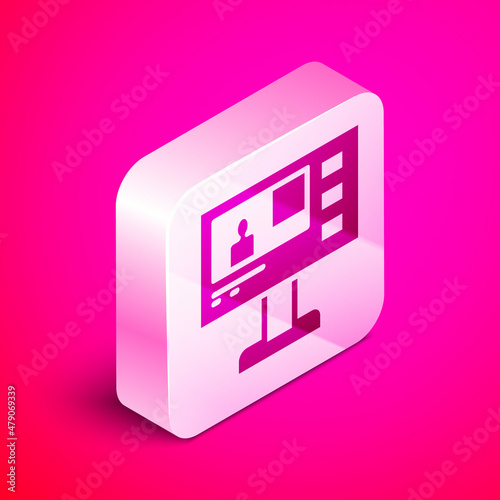 Isometric Television report icon isolated on pink background. TV news. Silver square button. Vector