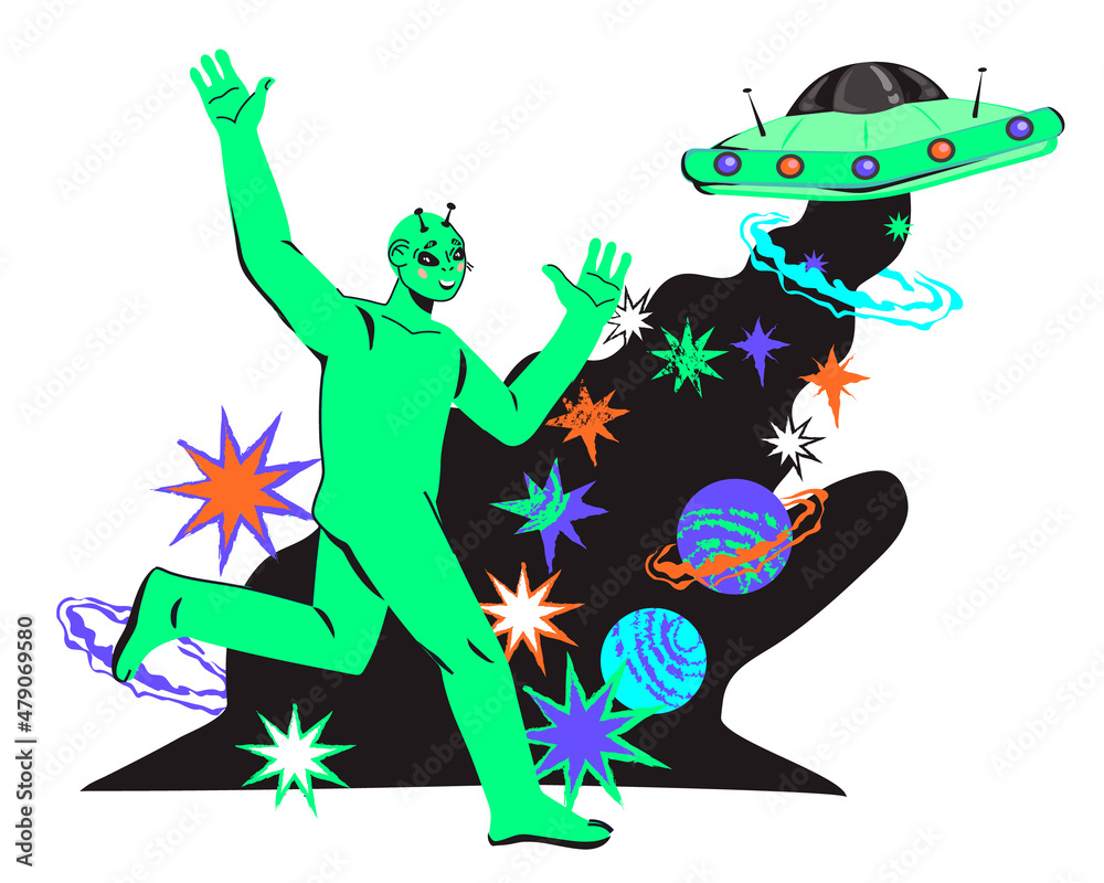 Funny space alien with fantasy UFO spaceship cartoon characters, flat ...