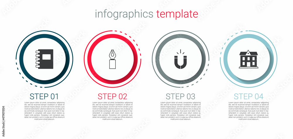 Set Spiral notebook, Fountain pen nib, Magnet and School building. Business infographic template. Vector Set Spiral notebook, Fountain pen nib, Magnet and School building. Business infographic template. Vector