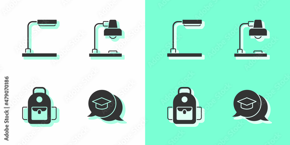 Set Graduation cap in speech bubble, Table lamp, School backpack and icon. Vector Set Graduation cap in speech bubble, Table lamp, School backpack and icon. Vector