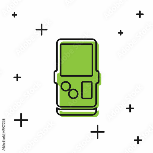 Black Portable tetris electronic game icon isolated on white background. Vintage style pocket brick game. Interactive playing device. Vector