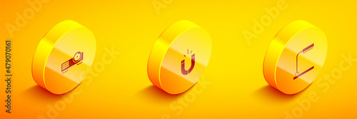 Set Isometric Movie, film, media projector, Magnet and Table lamp icon. Vector