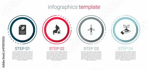 Set Eco paper with leaf, Stomach heartburn, Wind turbine and Plant hand. Business infographic template. Vector