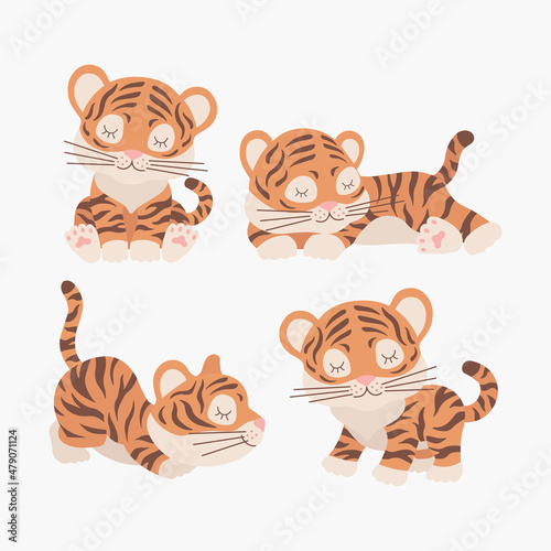 Scandinavian set of cute little tigers. Hand drawn vector elements for nursery decoration, baby shower, birthday party, poster, invitation, postcard, kids clothes, symbol 2022, chinese new year