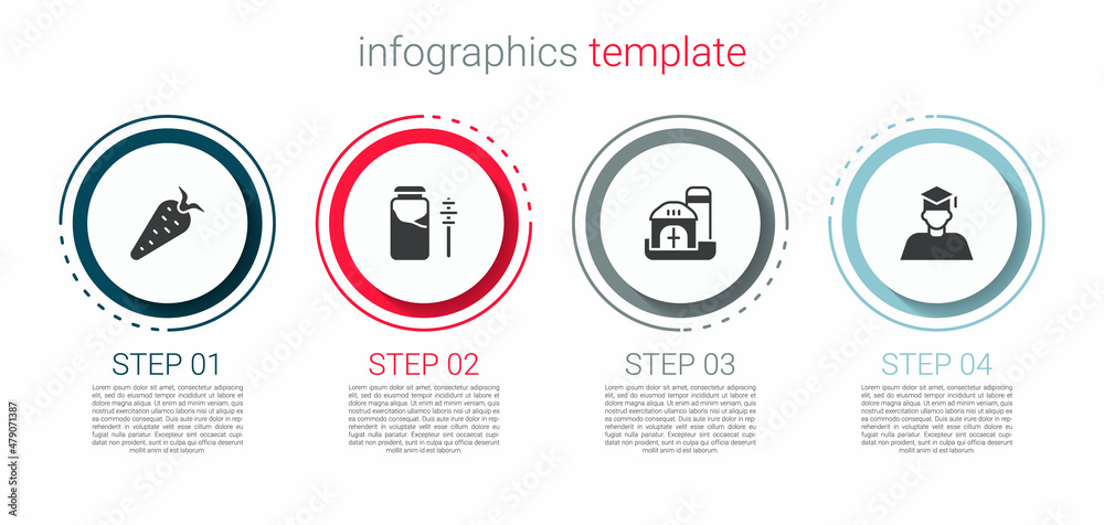 Set Carrot, Jar of honey and dipper stick, Farm house and Graduate graduation cap. Business infographic template. Vector Set Carrot, Jar of honey and dipper stick, Farm house and Graduate graduation cap. Business infographic template. Vector