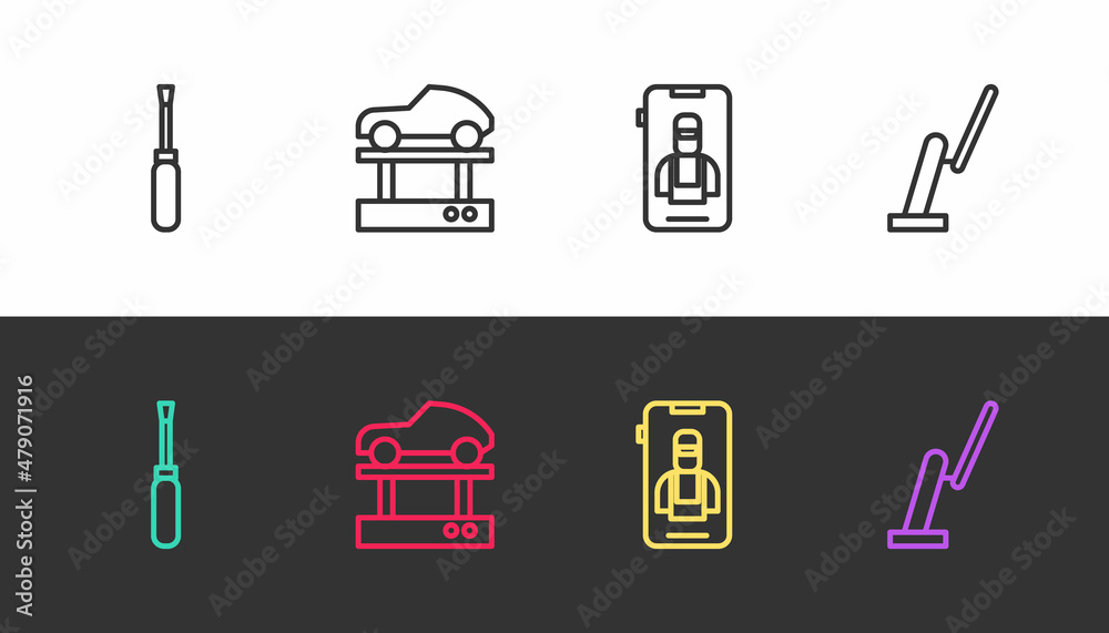 Set line Screwdriver, Repair car on a lift, Online services and Windscreen wiper on black and white. Vector Set line Screwdriver, Repair car on a lift, Online services and Windscreen wiper on black and white. Vector