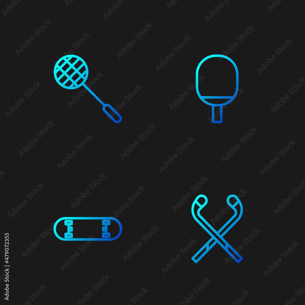 Set line Ice hockey sticks, Skateboard trick, Tennis racket and Racket for playing table tennis. Gradient color icons. Vector Set line Ice hockey sticks, Skateboard trick, Tennis racket and Racket for playing table tennis. Gradient color icons. Vector