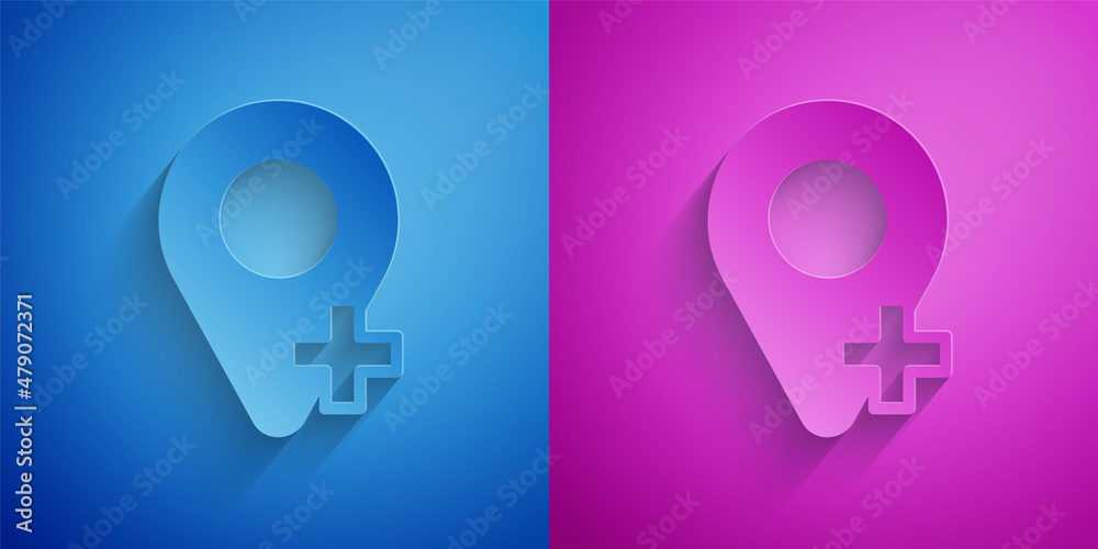 Paper cut Map pin icon isolated on blue and purple background. Navigation, pointer, location, map, gps, direction, place, compass, search concept. Paper art style. Vector