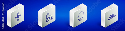 Set Isometric line Kayak or canoe, Roller skate, Boxing glove and Formula 1 racing car icon. Vector