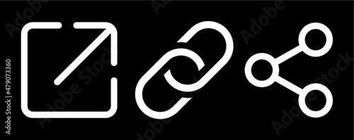 Link, share link, external link white icon set. Web design. Vector sign. On black background