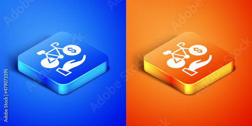 Isometric Bicycle rental mobile app icon isolated on blue and orange background. Smart service for rent bicycles in the city. Mobile app for sharing system. Square button. Vector