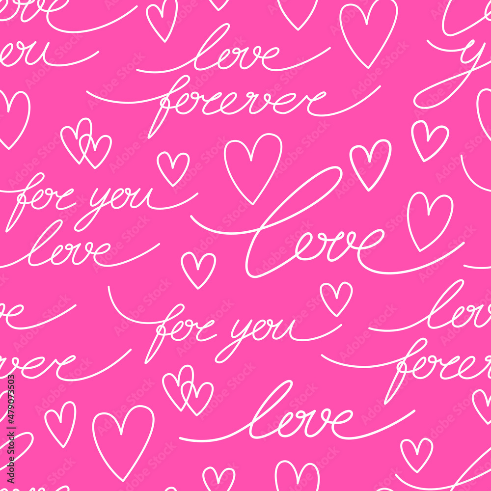 Vector seamless pattern. Romantic love lettering and simple hearts. Linear white on pink. Design for wedding decor, saint valentines day card, poster, textile, wrapping paper.