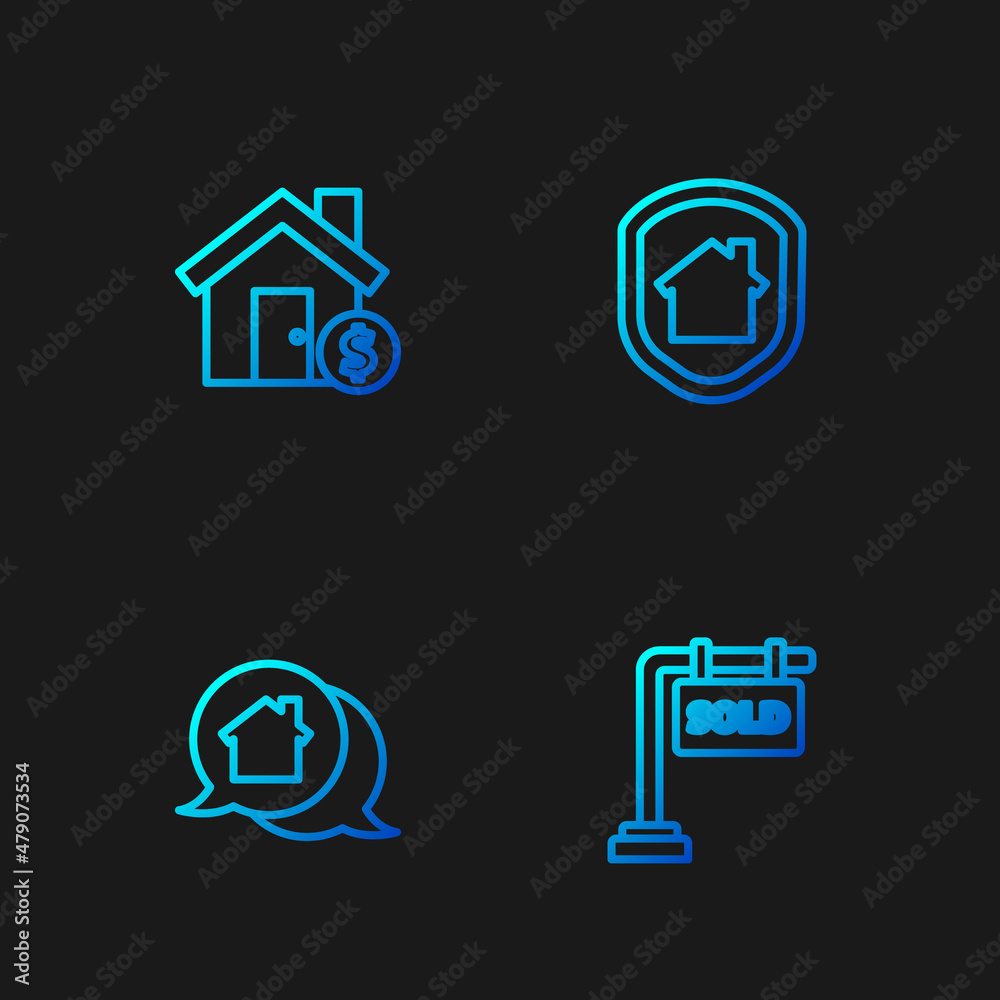 Set line Hanging sign with Sold, Real estate message house, House dollar symbol and under protection. Gradient color icons. Vector Set line Hanging sign with Sold, Real estate message house, House dollar symbol and under protection. Gradient color icons. Vector