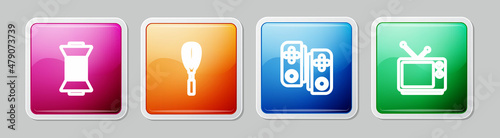 Set line Sewing thread on spool, Kitchen whisk, Gamepad and Retro tv. Colorful square button. Vector