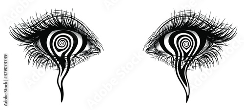 Concept vector illustration of realistic female eyes crying a spiral hypnotic iris.