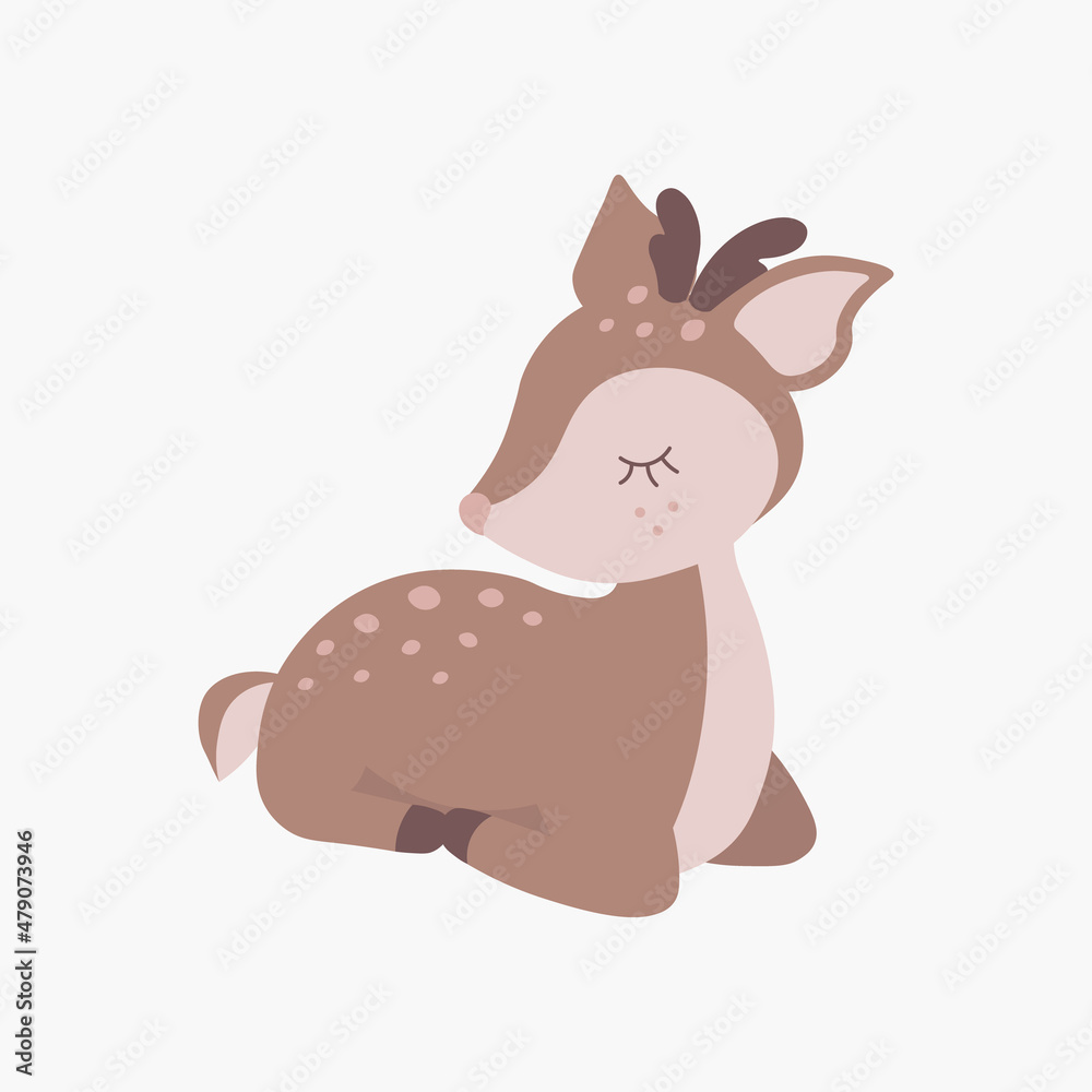 Obraz premium Scandinavian boho cute little baby deer, fawn. Hand drawn vector element for nursery decoration, baby shower, birthday, children's party, poster, invitation, postcard, kids clothes