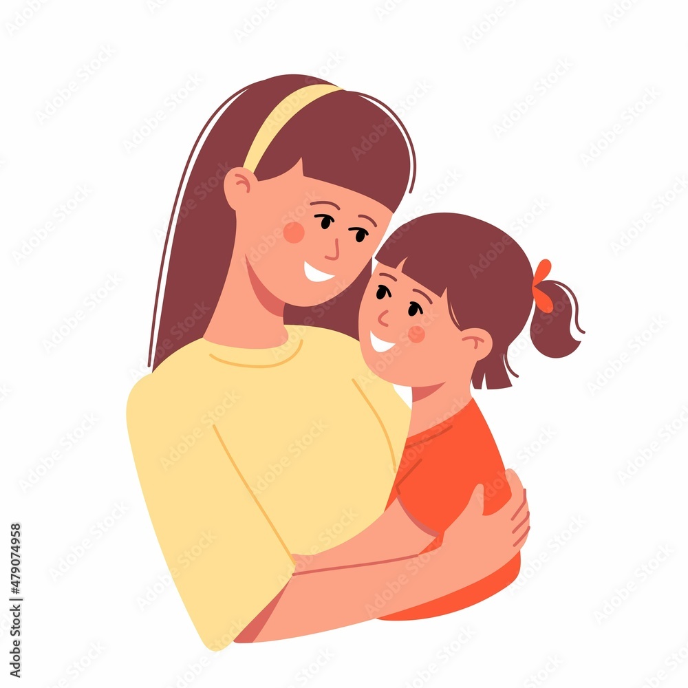 Mom hugs daughter, young woman and little girl embrace, smiling parent, happy motherhood, mother day. Feminine happiness, parental care and love concept sketch. Hand drawn vector illustration