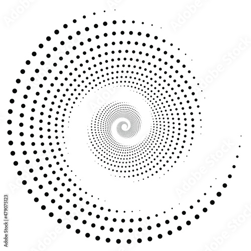 Black vortex dotted shape. Modern geometric art. Trendy design element for border frame, logo, tattoo, symbol, web, prints, posters, template, pattern and abstract background.