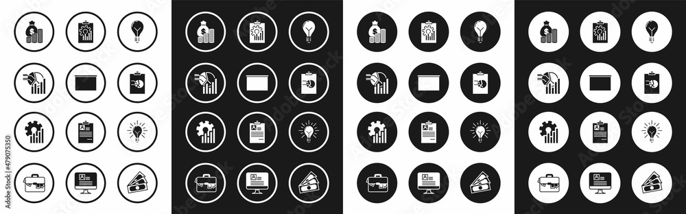 Set Light bulb with concept of idea, Chalkboard, Pie chart infographic, Money bag and coin, Clipboard, rays shine and icon. Vector Set Light bulb with concept of idea, Chalkboard, Pie chart infographic, Money bag and coin, Clipboard, rays shine and icon. Vector