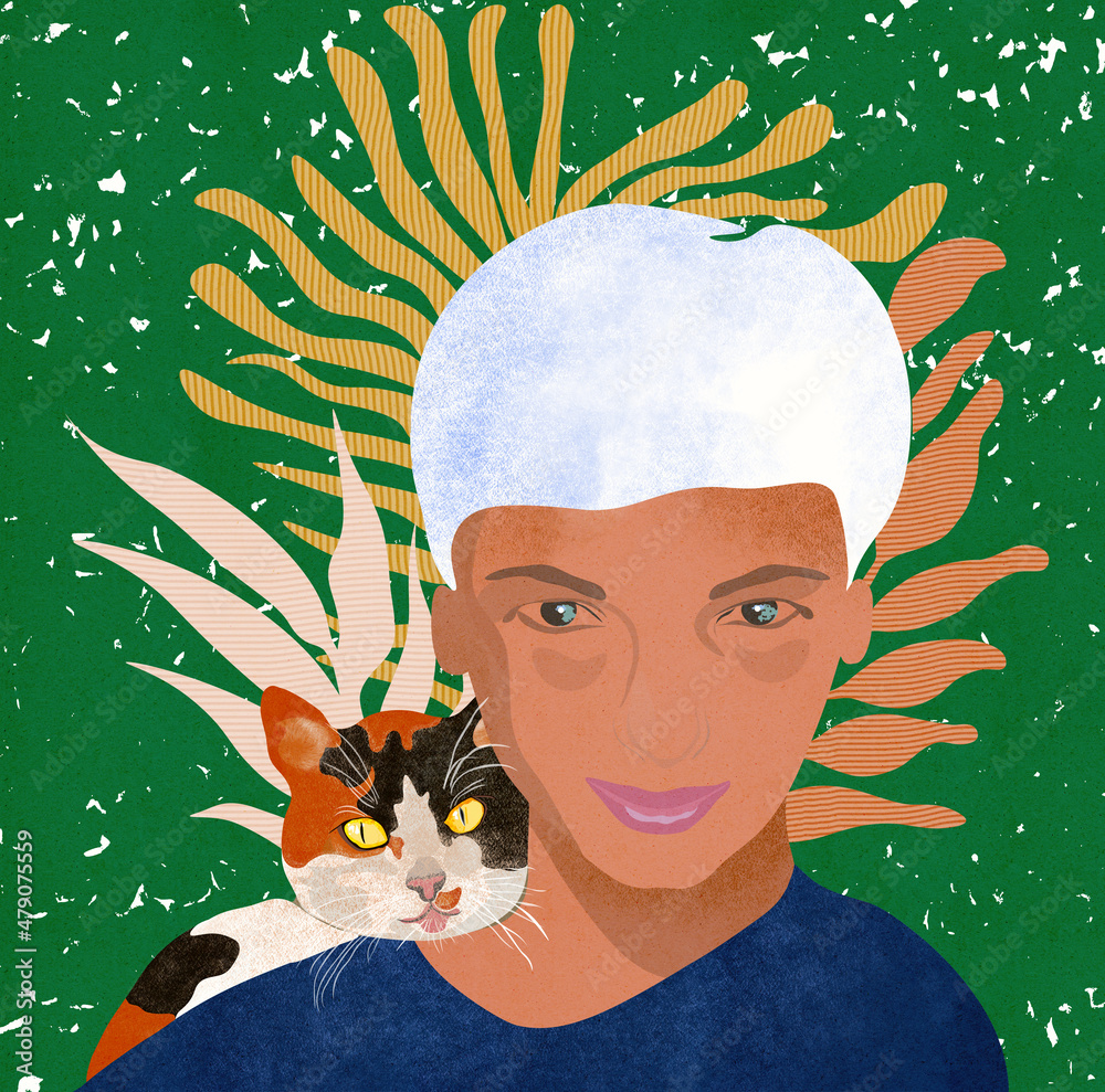 Naklejka premium Ilustracja portret kobiety z szylkretowym kotem na ramieniu