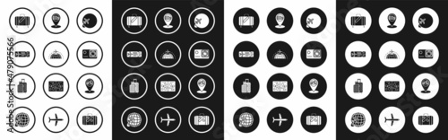 Set Globe with flying plane, Airline ticket, Suitcase for travel and stickers, Action extreme camera, Map pointer Coliseum Rome, Italy, Egypt pyramids and icon. Vector