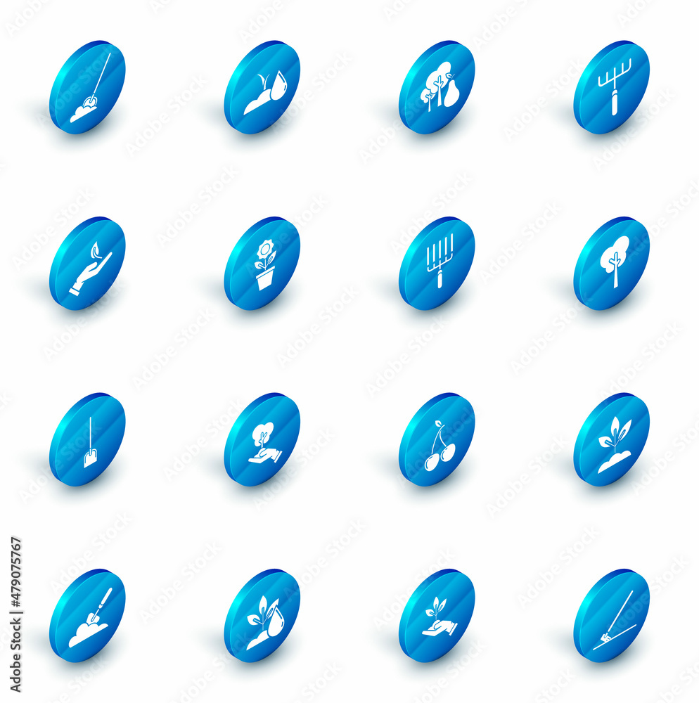 Set Watering sprout, Tree with pears, Garden rake, Sprout hand of environmental protection, Shovel, Flower pot, and work icon. Vector Set Watering sprout, Tree with pears, Garden rake, Sprout hand of environmental protection, Shovel, Flower pot, and work icon. Vector