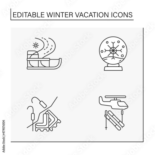 Winter vacation line icons set. Crystal ball, ice climbing, eli skiing. Christmas presents. Special date. Celebration concept. Isolated vector illustration. Editable stroke