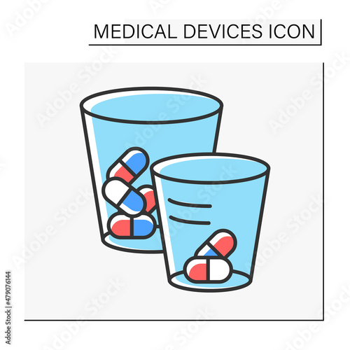  Medicine cup color icon. Cup with daily pills. Treatment. Medical devices concept. Isolated vector illustration