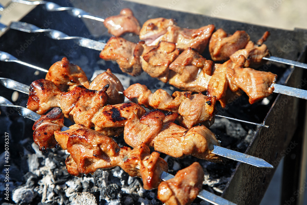 Delicious meat shashlik barbecue on skewers grilled on coals in the grill Russian cuisine