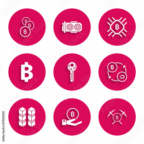 Set Cryptocurrency key, Hand holding Bitcoin, Crossed pickaxe, exchange, Blockchain technology, CPU mining farm and icon. Vector