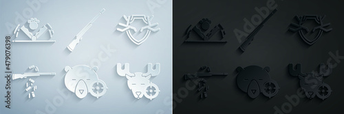 Set Hunt on bear with crosshairs, Deer antlers shield, Gun shooting, moose, Hunting gun and Trap hunting icon. Vector