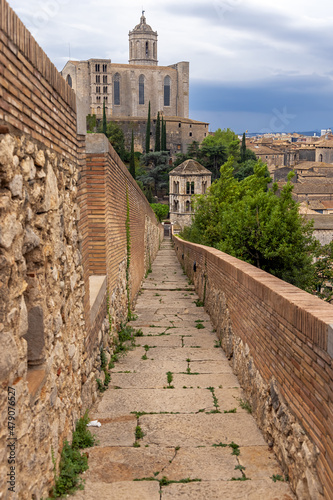 View from the protective wall on the medieval city of Girona with the Cathedral of St. Maria, Girona, Catalonia, Spain.