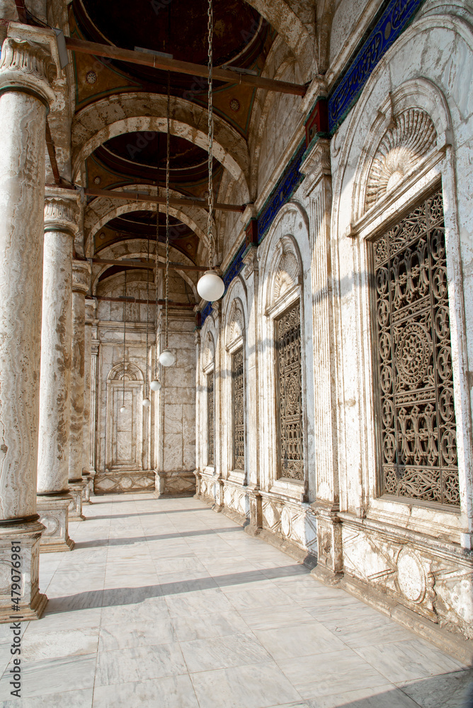 Exterior view of the galleries of the Alabaster Mosque, Islamic Quarter, Cairo, Egypt