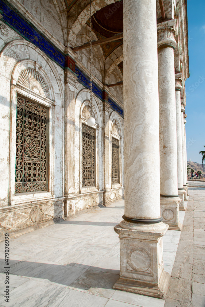 Exterior view of the galleries of the Alabaster Mosque, Islamic Quarter, Cairo, Egypt