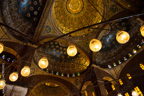 Interior, ceiling, decoration and hanging lamps in the Alabaster Mosque, Islamic Quarter, Cairo, Egypt