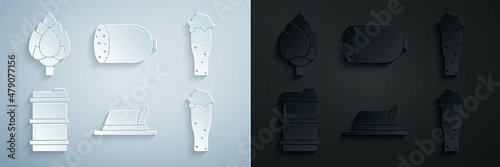 Set Oktoberfest hat, Glass of beer, Metal keg, Salami sausage and Hop icon. Vector