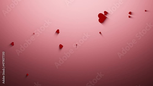 3D red heart symbols gliding across pink surface copy space background animation. 