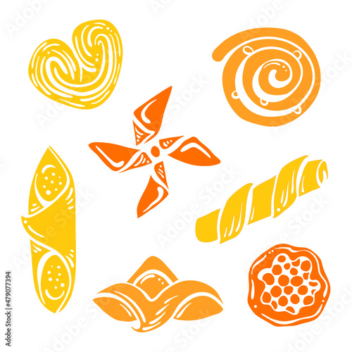 Pastry set. Colorful paper cut collection of baked goods isolated on white background. Doodle hand drawn bakery products icons. Vector illustration