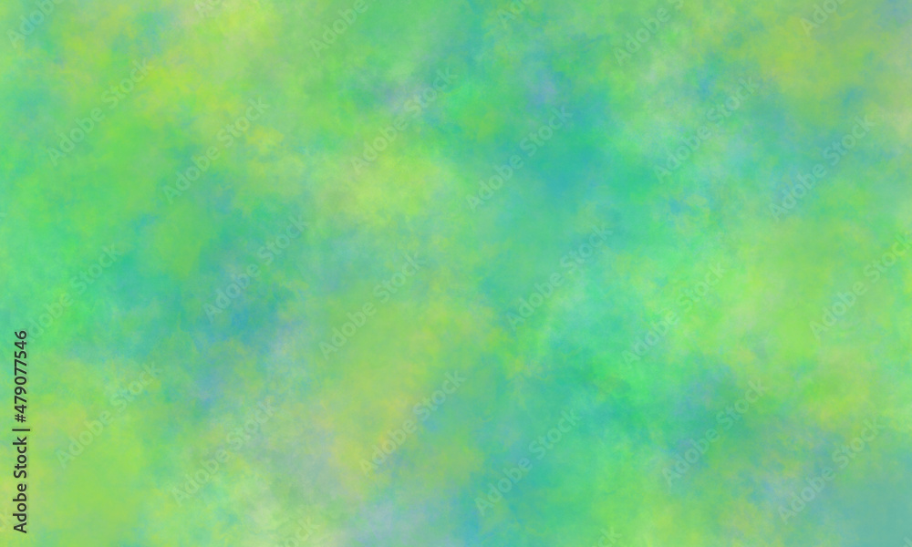 Abstract summer translucent watercolor background in green, blue and yellow tones. Copy space, horizontal banner.