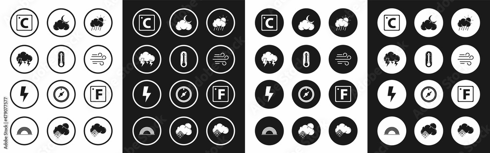 Set Cloud with rain and sun, Thermometer, Storm, Celsius, Wind, moon stars, Fahrenheit and Lightning bolt icon. Vector Set Cloud with rain and sun, Thermometer, Storm, Celsius, Wind, moon stars, Fahrenheit and Lightning bolt icon. Vector