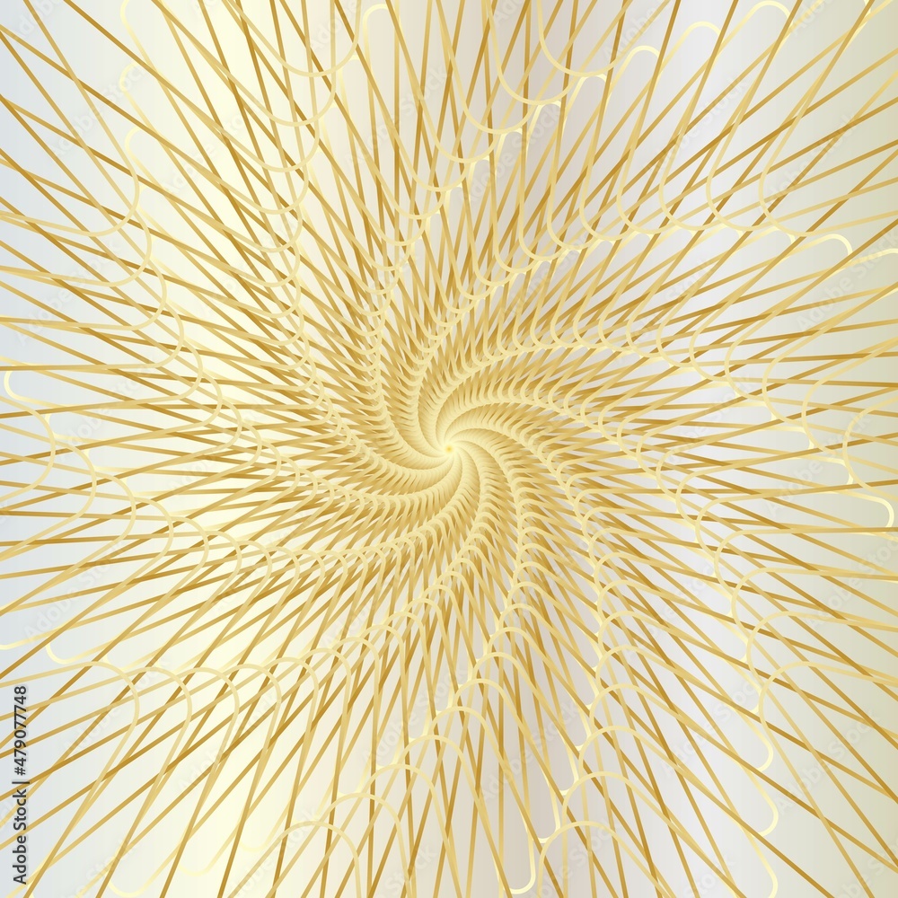 Distorted abstract lines, wireframe tunnel. The gold spiral line on the white gold background. Vector illustration.