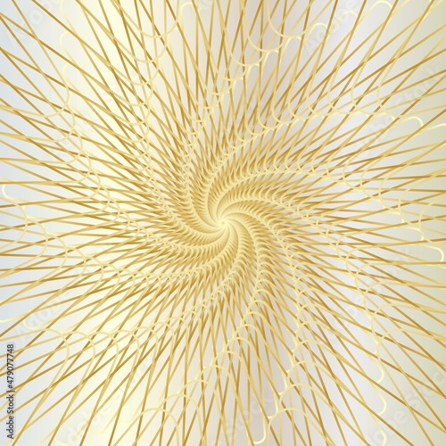 Distorted abstract lines  wireframe tunnel. The gold spiral line on the white gold background. Vector illustration.