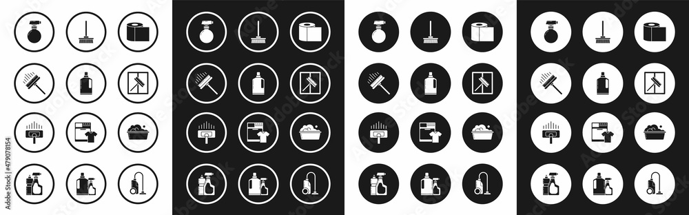 Set Toilet paper roll, Plastic bottles for liquid dishwashing liquid, Squeegee, scraper, wiper, , Mop, basin with soap suds and Vacuum cleaner icon. Vector Set Toilet paper roll, Plastic bottles for liquid dishwashing liquid, Squeegee, scraper, wiper, , Mop, basin with soap suds and Vacuum cleaner icon. Vector