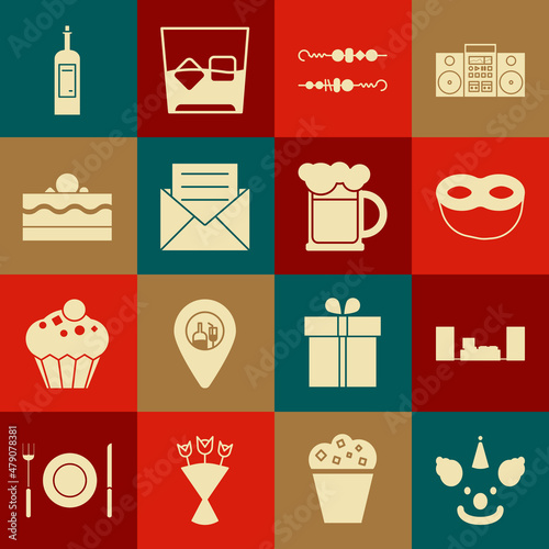 Set Clown head, Home stereo with two speakers, Festive mask, Grilled shish kebab, Envelope invitation card, Cake, Bottle of wine and Wooden beer mug icon. Vector