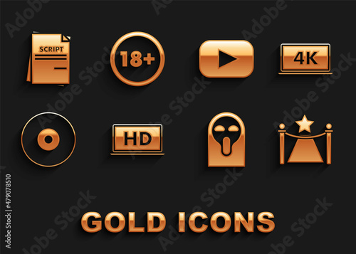 Set Laptop screen with HD video technology, 4k, Carpet barriers and star, Funny scary ghost mask, CD or DVD disk, Play, Scenario and Under 18 years icon. Vector