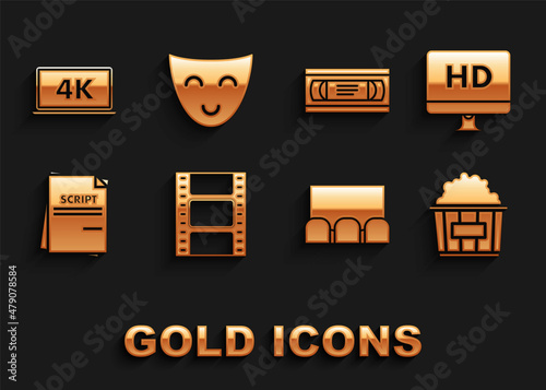 Set Play Video, Computer PC monitor with HD video technology, Popcorn in cardboard box, , Scenario, VHS cassette tape, Laptop screen 4k and Comedy theatrical mask icon. Vector