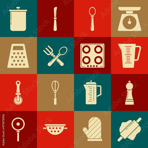 Set Rolling pin, Pepper, Measuring cup, Spoon, Crossed fork and spoon, Grater, Cooking pot and Gas stove icon. Vector