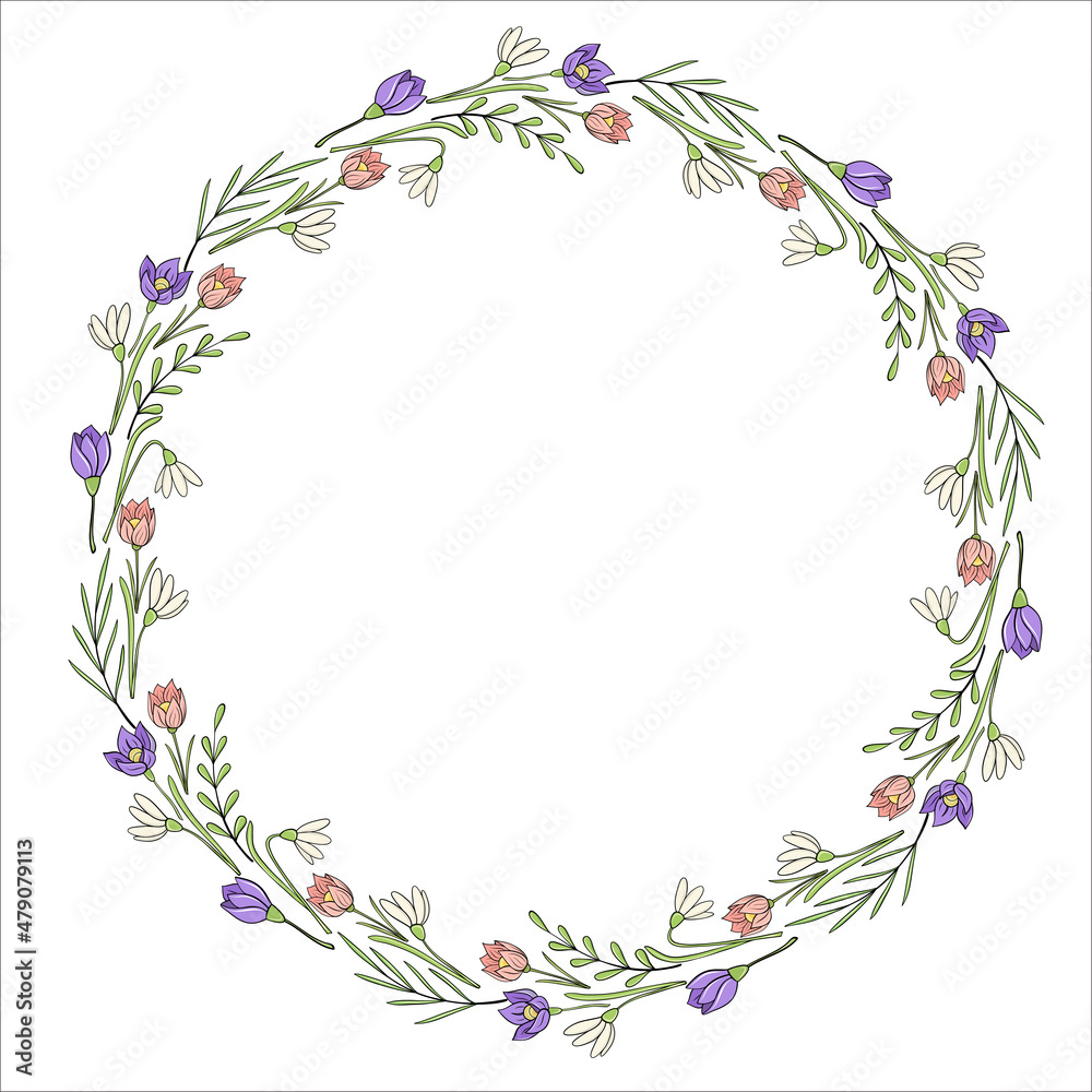 Round circle frame with spring flowers hand drawn for design
