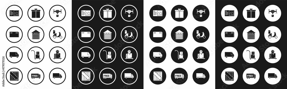 Set Delivery drone with the package, Closed warehouse, Envelope, Postcard, Scooter delivery, Gift box, Scale cardboard and cargo truck vehicle icon. Vector Set Delivery drone with the package, Closed warehouse, Envelope, Postcard, Scooter delivery, Gift box, Scale cardboard and cargo truck vehicle icon. Vector