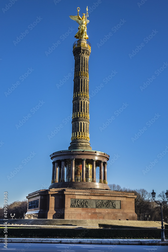 Berlin Victory Column (Siegessaeule, 67 metres,1864) with Statue of Victoria (Goldelse) on top, to commemorate Prussian victory in Second Schleswig War. Berlin, Tiergarten, Germany.